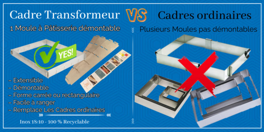 Cadre démontable GN-1 et 40 x 60 est un cadre inox à pâtisserie démontable extensible pour préparation culinaire salé et sucré