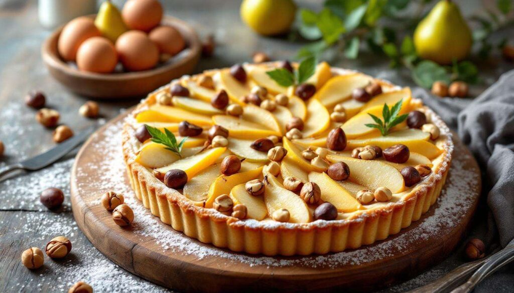 Poires sucrées, châtaignes douces et noisettes grillées : la tarte de saison de Julie Andrieu à ne pas manquer