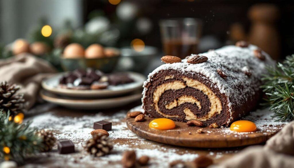 Voici la bûche de Noël à la mousse au chocolat qui cache un croustillant praliné et fait la différence au réveillon 2025