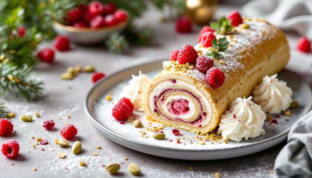 Bûche de Noël mousse de framboise et pistache : un dessert frais, léger et raffiné pour finir le réveillon en beauté