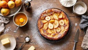 Laurent Mariotte prépare ce clafoutis aux poires chaque dimanche de mars, et on comprend pourquoi
