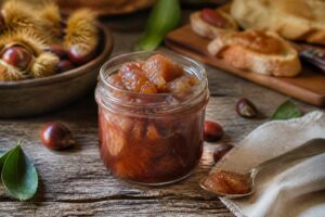 Bocaux en verre remplis de châtaignes au naturel, posés sur un torchon en lin avec des châtaignes fraîches et des feuilles d'automne autour