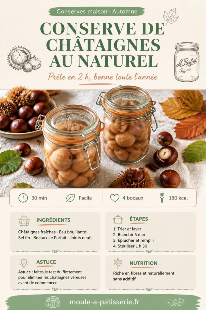 Bocaux de conserve de châtaignes au naturel sur un torchon en lin avec des châtaignes fraîches d'automne