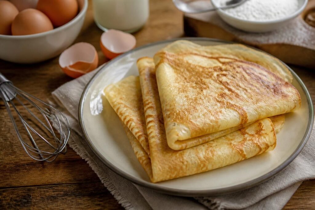 Crêpes fines et dorées de la recette de Philippe Etchebest, empilées sur une assiette blanche avec un filet de beurre fondu