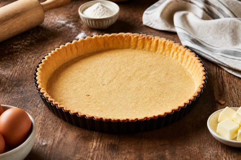 Fond de tarte en pâte sucrée dorée et croustillante, sorti du four sur une grille, avec une texture fine et feuilletée visible en coupe