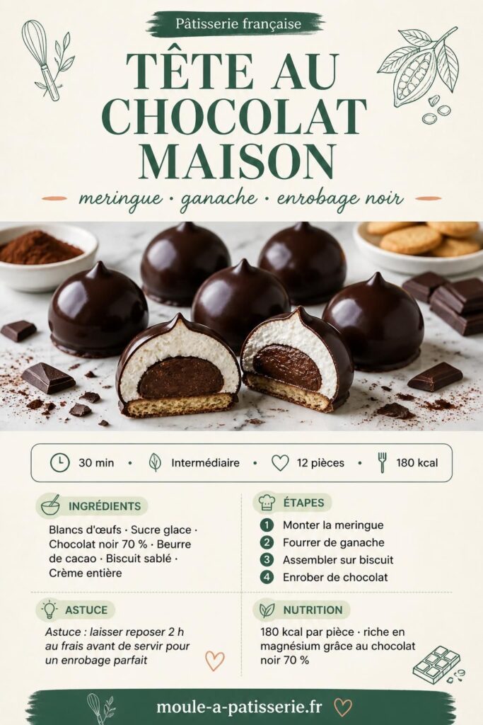 Têtes au chocolat maison enrobées de chocolat noir brillant sur grille, recette tête de nègre