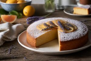 Gâteau au yaourt à la grecque moelleux tranché sur une planche en bois, accompagné d'un pot de yaourt grec et de zestes de citron