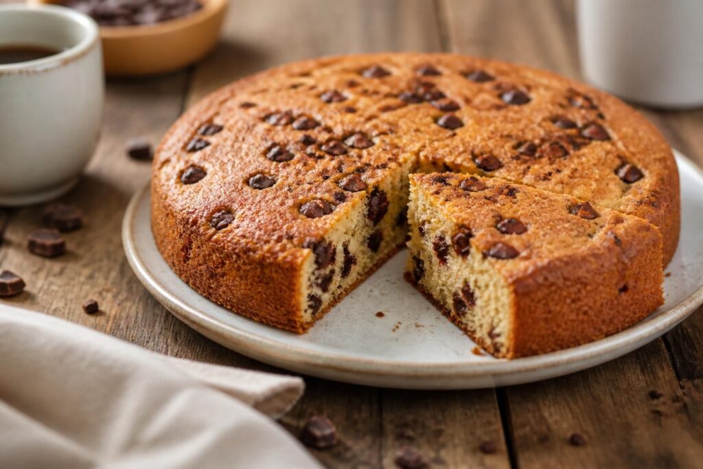 Gâteau au yaourt aux pépites de chocolat tranché sur une planche en bois, mie moelleuse et pépites bien visibles