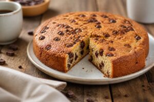 Gâteau au yaourt aux pépites de chocolat tranché sur une planche en bois, mie moelleuse et pépites bien visibles