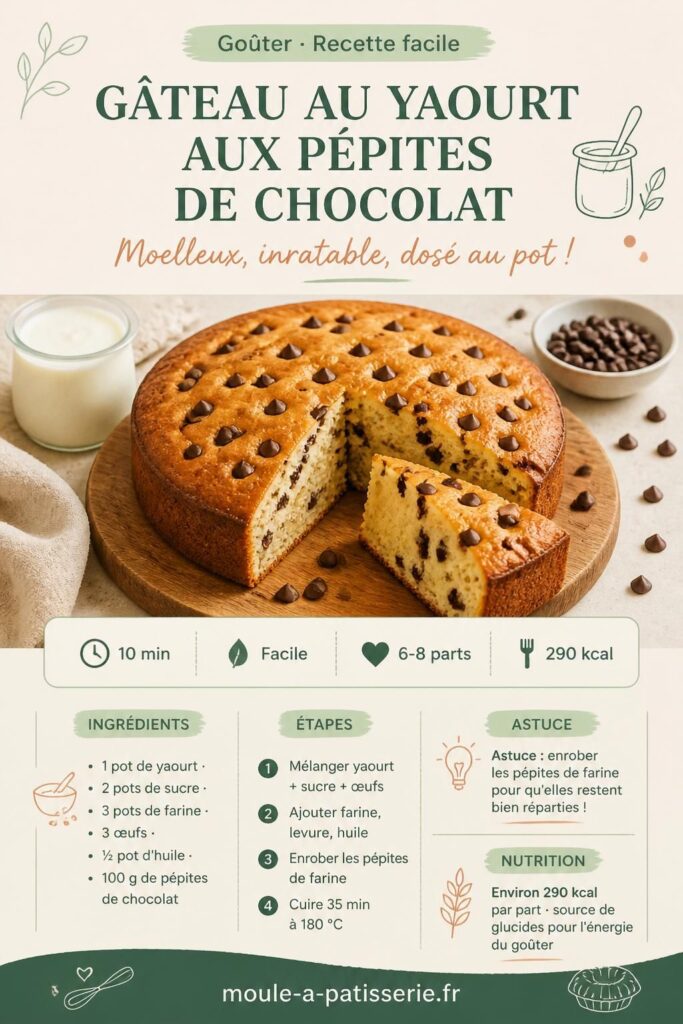 Gâteau au yaourt aux pépites de chocolat tranché, mie moelleuse et pépites bien visibles — épingler la recette