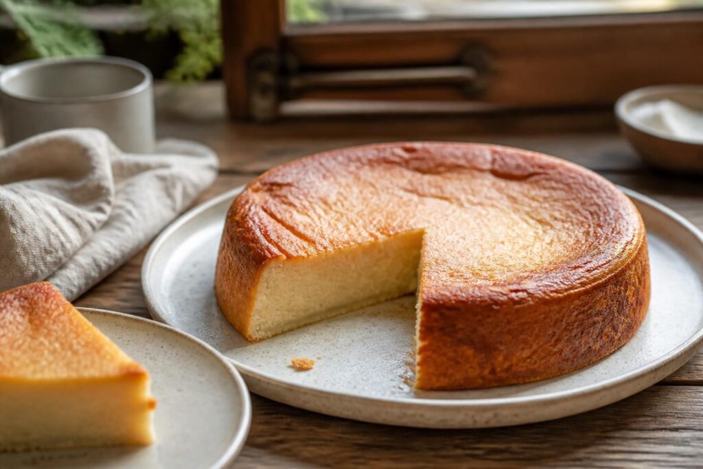 Gâteau avec du lait tranché sur une assiette en grès, mie aérée et dorée, photographié en lumière naturelle