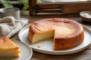 Gâteau avec du lait tranché sur une assiette en grès, mie aérée et dorée, photographié en lumière naturelle