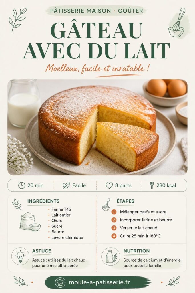 Gâteau avec du lait moelleux tranché, mie aérée dorée, sur fond de bois clair