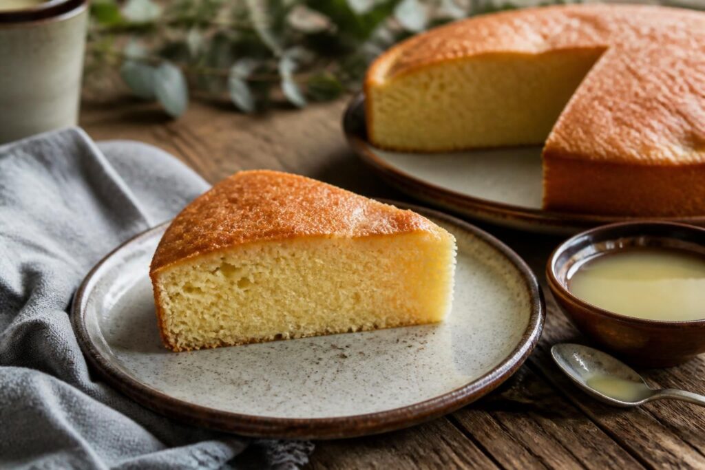 Gâteau au lait concentré sucré moelleux, tranché sur une planche en bois, mie dorée et aérée, saupoudré de sucre glace