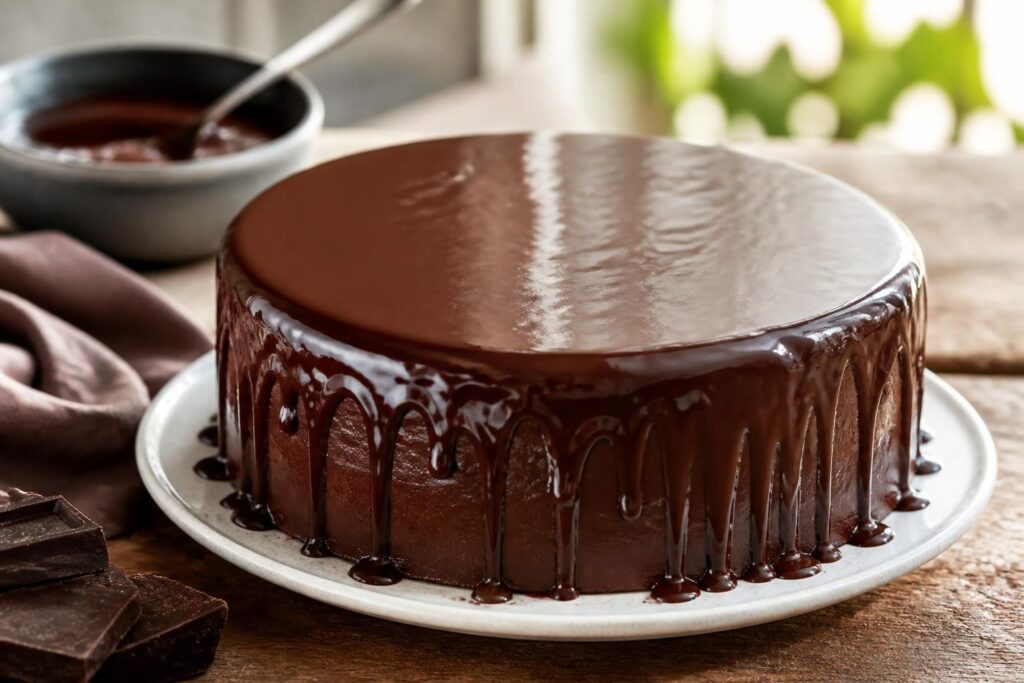 Glaçage au chocolat noir brillant versé sur un gâteau, avec une spatule coudée posée à côté sur un plan de travail en marbre