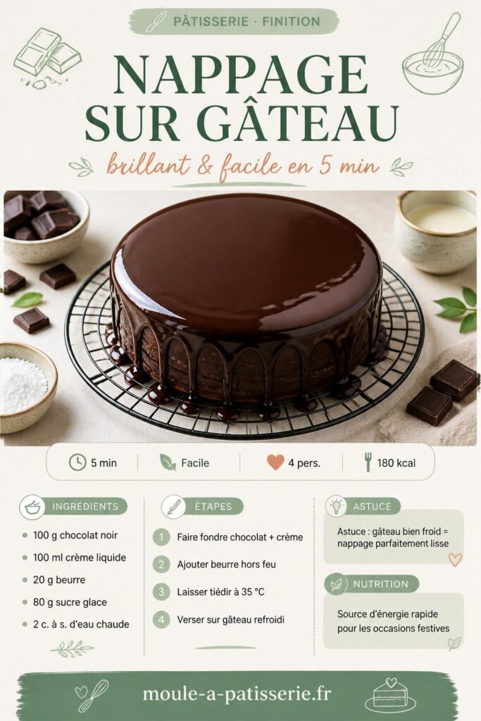 Nappage au chocolat brillant coulant sur un gâteau rond posé sur une grille, recette facile en 5 minutes