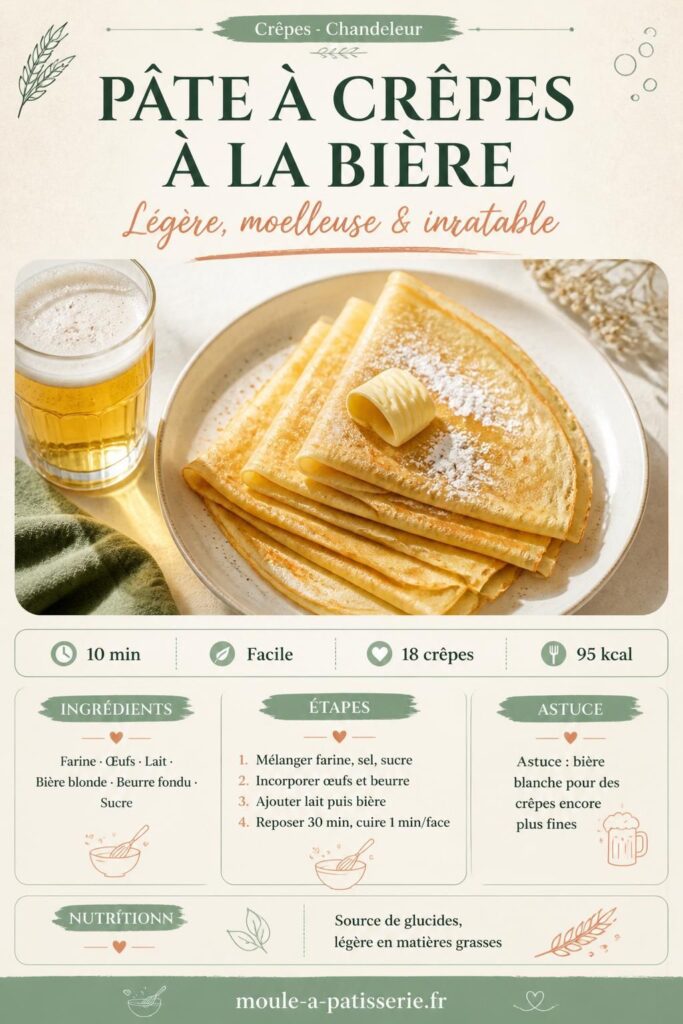 Pâte à crêpes à la bière : crêpes fines et dorées avec une bière blonde, recette facile à épingler sur Pinterest