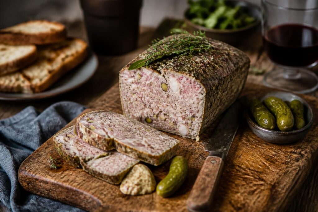 Pâté de campagne maison tranché sur une planche en bois, entouré de cornichons, de pain de campagne et d'aromates frais