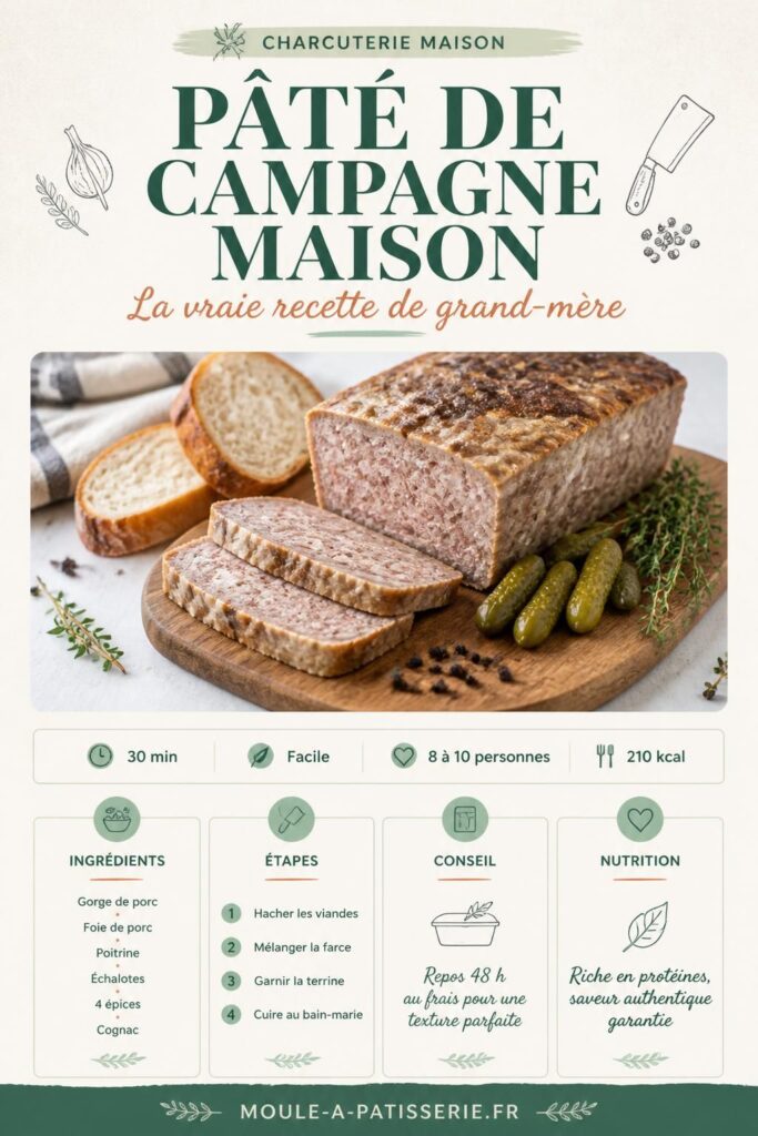 Pâté de campagne maison tranché sur une planche rustique, avec cornichons et pain de campagne