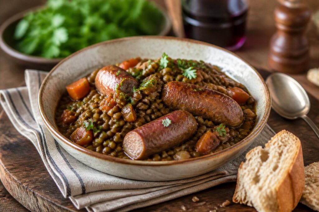 Assiette creuse de lentilles aux saucisses fumées, garnie de carottes et d'herbes fraîches, servie sur une table en bois rustique