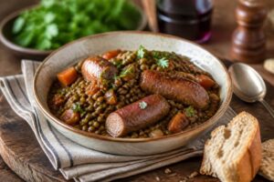 Assiette creuse de lentilles aux saucisses fumées, garnie de carottes et d'herbes fraîches, servie sur une table en bois rustique