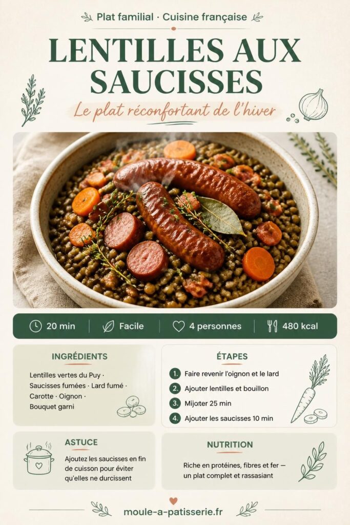 Recette de lentilles aux saucisses fumées, plat mijoté familial prêt en 45 minutes