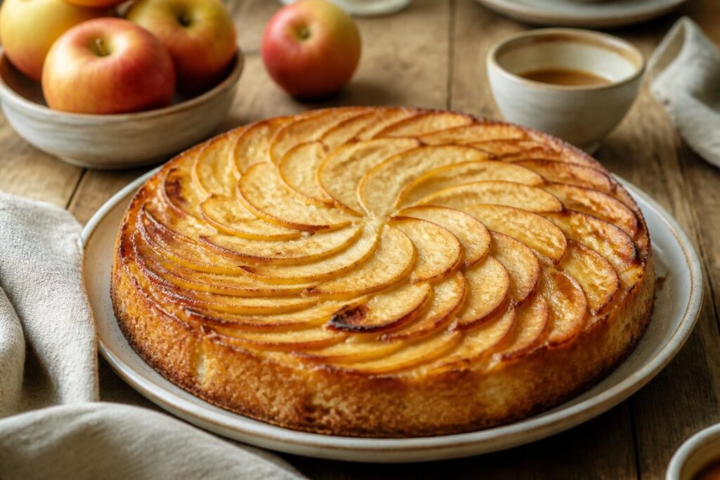 Tarte aux pommes sans pâte moelleuse dans un moule à tarte, dorée et parsemée de cannelle, vue du dessus sur fond bois clair