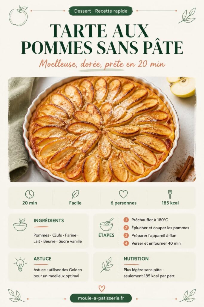 Tarte aux pommes sans pâte moelleuse, dorée et saupoudrée de cannelle, vue du dessus